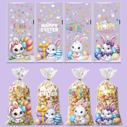 BASEMMAHER 50 Pieces Easter Candy Gift Packaging Bags Spring Bunny Egg Flowers Cellophane Treat Bags Goodies Cookies Gift Wrappings Bags for Easter Holiday Birthday Party Favors Supplies
