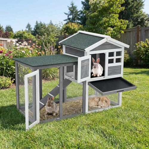 2-Story Wooden Rabbit Hutch & Chicken Coop, Indoor/Outdoor Bunny Cage with Waterproof Roof, Removable Cleaning Tray & Access Ramp for Chicken, Rabbit - size: 46.5 inch