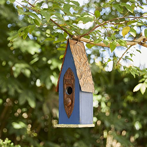 Glitzhome Bird Houses for Outside, Hanging Bird House for Outdoors, 13.25" H Retro Blue Distressed Solid Wood Pet Cottage Garden Decorative Birdhouse for Swallow Sparrow Finch Cardinals - color: Blue