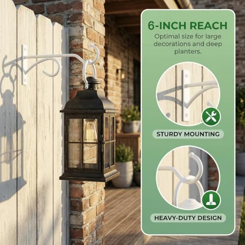 2Pack 6 Inch Plant Hangers Outdoor, Wall Hooks for Hanging Planters Baskets | Heavy-duty metal, indoor outdoor wall mount, for flower pots, wind chimes, lanterns, bird feeders, White - size: 6Inch 2Pack-White