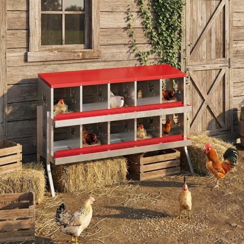 GarveeLife 10 Compartment Chicken Nesting Box with Metal Legs, Nesting Boxes for Chickens, Metal Chicken Laying Boxes with Perch, Secure Lid, Versatile Wall Mount or Free Standing for Hens, Red - color: red, size: 10 grids with legs