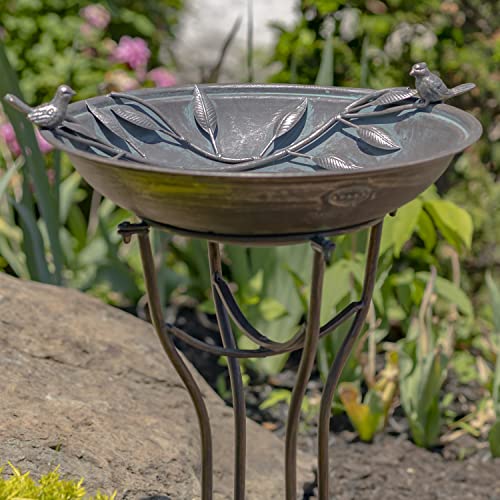 Zaer Ltd. Deep Well Made Metal Birdbath with 2 Cast Iron Birds and Leaf Decoration (Bronze) - color: Bronze