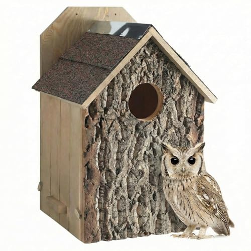 Weysat 1 Pack Screech Owl House for Outdoor Owl Nesting Box for Outside 12 x 12 x 19 Inch Cedar Wood Weather Resist Hang Handcraft Bark Shelter for Owls Bird Wildlife Lovers Garden Decor Easy Assembly