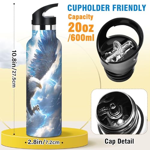 Eagle Water Bottles for Boys Eagled Leakproof Insulated Flask Jug Insulated Stainless Steel Travel Mugs Thermos Bottle Cups with Straw Lid for Sport 600ml - color: white bird soaring sky