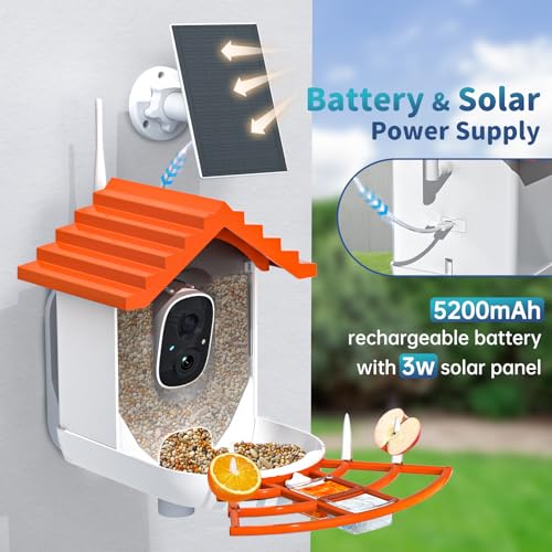 Smart Bird Feeder with Camera Solar Powered & AI Bi rd Identification, 2.4Ghz WiFi Bird feeders for Outdoors, 2K Live Video, Instant Arrival Alerts - Orange - color: Orange
