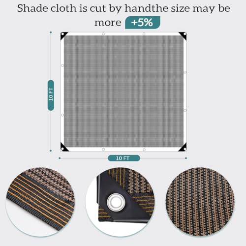 90% Coffee Brown Shade Cloth, 10 x 10 ft with Reinforced Grommets | Durable mesh shade net for greenhouses, plants, chicken coops, pergolas, pools, canopies, patios and gardens - color: 10ftx10ft