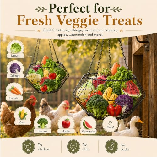 Hanging Chicken Feeder, 9.25IN Large Foldable Poultry Feeder Vegetable Fruits Basket with 4pcs Hanging Stainless Chain, Chicken Treat Holder Ball Boredom Toys for Chicken Hens Duck Coop, Black, 1 Pack - size: 1 Pack