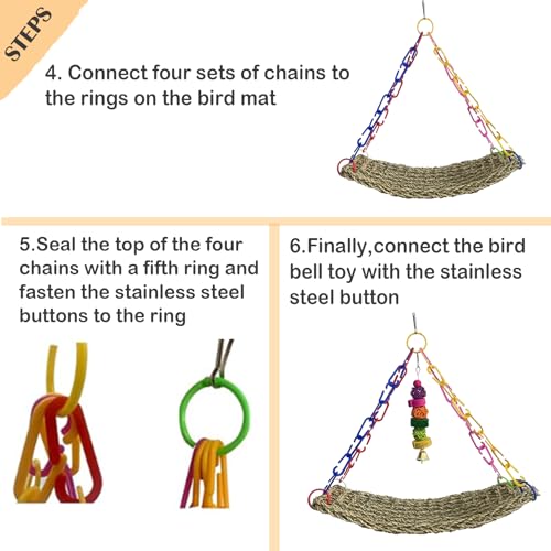 kathson Bird Seagrass Mat,Birds Swing Toy,Natural Grass Handmade Woven Hammock Hanging Parrot Lounger with Colour Toys for Lovebird,Cockatiel,Canary,Parakeets,Finch,Budgie (2 Pcs)