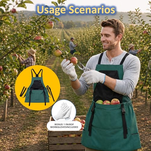 Garden Apron,Harvest Aprons with Drawstring Bag and Pockets for Women and Men,Canvas Fruit Picking Apron