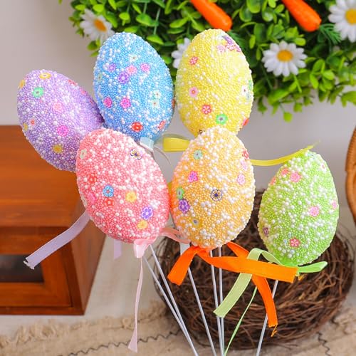 Foam Easter Egg Picks Glitter Puffy Styrofoam Stick Party DIY Craft Table Centerpiece Colorful Decoration Accessories Cake Toppers 6 Pcs