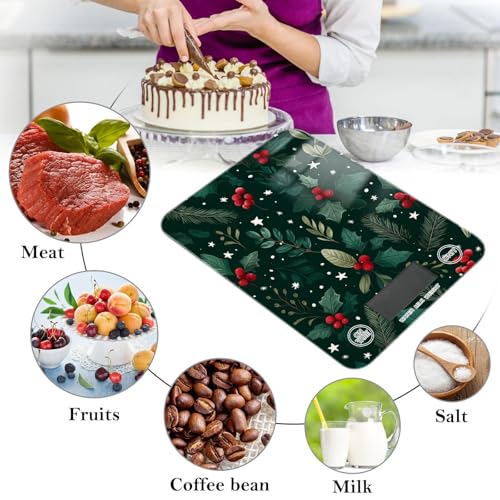 Food Scale Kitchen Scale Food Weight Scales Digital Weight Grams and Ounces Small Electronic Food Scale for Baking Cooking Holly Berries Pine Needles Stars Dark Green - color: Holly Berries Pine Needles Stars Dark Green