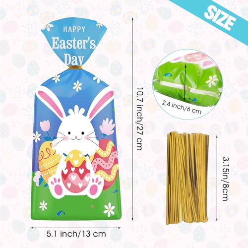 Litmitfu 100 Pcs Happy Easter Treat Bags - Cute Bunny Cellophane Goodie Bags, Plastic Happy Easters Day Cello Candy Goody Gift Bag with Twist Ties for Spring Easter Party Favor Supplies, 4 Styles - color: Easter