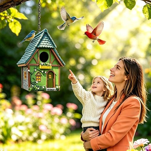 Resin Green House Hanging Bird House for Outside, Hand-Painted Resin Birdhouse with Flower & Vine Details, Weatherback Bird Hut for Garden, Patio, Tree Decor, Bird Nest for Small Wild Birds