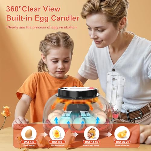 Egg Incubator for Hatching Eggs, 12-Egg Automatic Chicken Incubator | Small Incubator with LED Candler, Auto Turn & Humidity Control for Quail Duck Goose Eggs, STEM Classroom, Farm, 360° Airflow