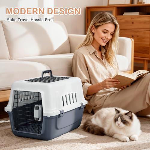 22-Inch Dog Crate Plastic 2-Door Top Loading Cat Carrier, Hard-Sided Dog Travel Carrier for Small Dogs and Cats, Ventilation and Security Lock Design for Pets up to 22 lbs (Grey)