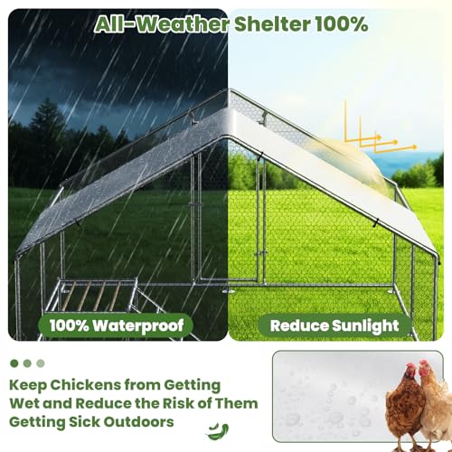 Large Metal Chicken Coop with Roosting Ladder, UV-Resistant and Waterproof Cover, Outdoor Walk-in Cage Hen House for Yard Farm Rabbit Duck Chicken Run, Spire Roof (13.1'W x 9.8'L x 6.4'H)