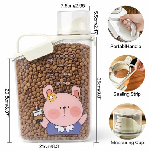 Pet Food Storage Container, 6 lb Airtight Cat Food Bin, Cute Cartoon Design | Wide pour spout, measuring cup cap, silicone seal, snap locks, carry handle, clear body, food-safe storage for 6 lb dry food