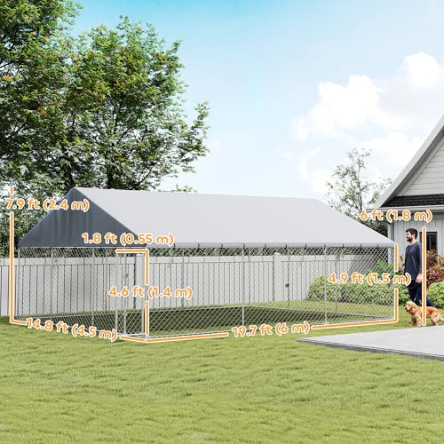 PawHut Outdoor Dog Kennel, 20' x 15' x 8', Waterproof Roof for Large Dogs | Heavy Duty Galvanized Chain Link Pet Enclosure, 2 Secure Lock for Chicken, Duck - size: 236.2"L x 177.2"W x 94.5"H