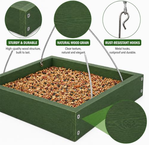 Platform Bird Feeder,Tray Bird feeders Outdoors,Wooden Tray Bird Feeder Hanging Platform,Platform Bird Feeder Tray,Suitable for Birds in Outdoor Gardens and Courtyards(A3-Green)