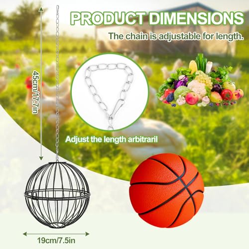 4 Pack Hanging Chicken Feeders for 10+ Chicken, 7.5 Inch Iron Rodent-Proof Duck Treat Dispenser Balls with 17.7 Inch Adjustable Hanging Chain for Feed and Toys, Weatherproof & Easy Install