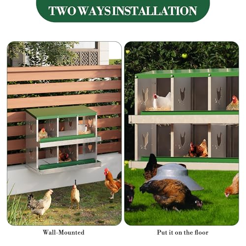 Garvee 6-Compartment Metal Chicken Nesting Box, Rustproof Galvanized Steel with Ventilated Holes, Removable Trays & Sturdy Bracket Legs, Easy Egg Collection - Green - color: Green, size: 6 Compartments