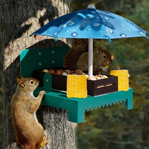 Heavy Duty Metal Squirrel Feeder Picnic Table with Umbrella - Rustproof Corn Cob Holder & Chipmunk Feeder for Tree/Fence, Funny Gift for Squirrel Lovers. (Blue) - color: BLUE