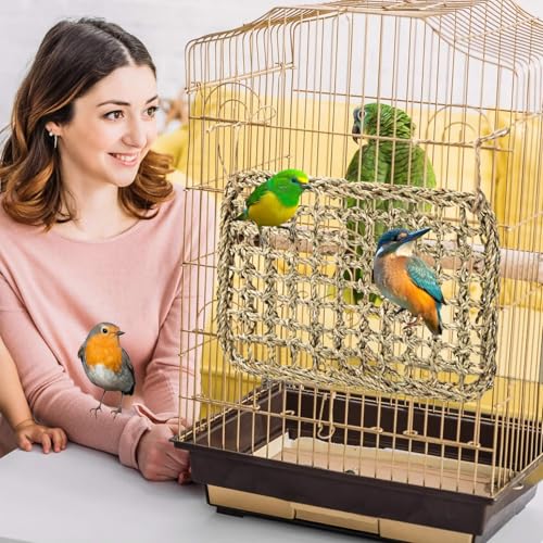 MAQIHAN Seagrass Mat for Birds - Bird Toys Seagrass 11.8x7.8 Inches | Bird Climbing Wall Seagrass Net Hammock Toy for Medium Parakeets Lovebirds Finch Budgerigars Conure Cockatiel with 2pcs twine