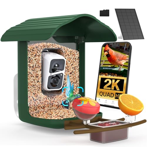 birdsnap® PAV Bird Feeder with Camera Solar Powered 2K Live Video 32GB Card | AI Bird Species Identification, Instant Arrival Alerts, IP65 Waterproof, Wild Bird Feeders for Outdoors, Gift for Bird Lovers - color: Dark Green