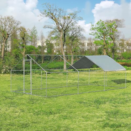 Large Metal Chicken Coop Round Top Upgrade Tri-Supporting Wire Mesh Chicken Run,Chicken Pen with Water-Resident and Anti-UV Cover,Duck Rabbit House Outdoor (Spire Roof 10’ W x 19.5’ L x 6.5’ H)