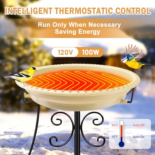 Daoeny Heated Bird Bath for Winter, Upgraded 100W Heated Bird Baths for Outdoors Thermostat Control with 5-Prong Metal Base, Heated Bird Bath for Outside Winter Garden Patio Yard Lawn (Khaki) - color: Khaki