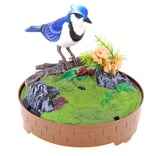 PowerTRC Singing & Chirping Bird in Cage, Realistic Sounds & Movements, Sound Activated, Battery Operated, Great Desk and Room Accessory, Pet Caged Bird Toy (10” x 7”) - color: #1 Blue & White
