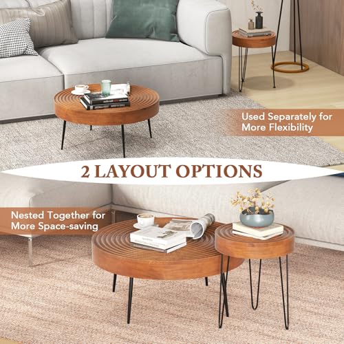 COSTWAY Farmhouse Round Coffee Table Set of 2, Rustic Sofa Side Tea Tables w/Wood Finish, Metal Frame, Adjustable Foot Pads, Nesting End Table Set for Living Room, Bedroom (Ring Pattern, Brown) - color: Brown, style: Ring Pattern