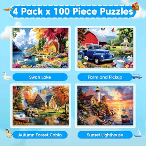 4 Pack 100 Piece Puzzles, Large Piece Jigsaw Puzzle for Kids Ages 5-8 | 4 Themed Landscape Puzzle Set Educational Toys for Girls Boys, Fun Learning Activity Puzzle Games for Children Ages 4-10 - style: Swan Lake Autumn Forest Cabin Lighthouse