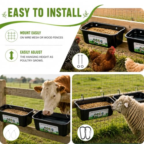 Chicken Feeder Waterer, 4 Pack Hanging Fence Trough, 5 Quart Total Capacity Plastic Feeder with Clips & Screws for Chicken, Duck, Goat, Sheep, Piglet, Dog and Poultry Livestock (Black 4pcs) - color: Black 4pcs