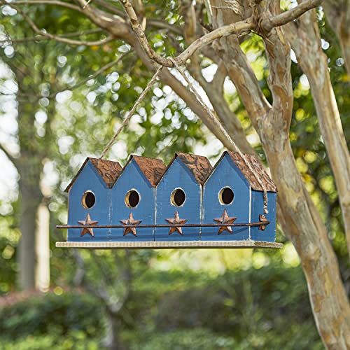 Glitzhome 17" L Retro Blue Distressed Solid Wood Birdhouse with Perch Garden Hanging Bird House for Outdoors - color: 17"L Retro Blue
