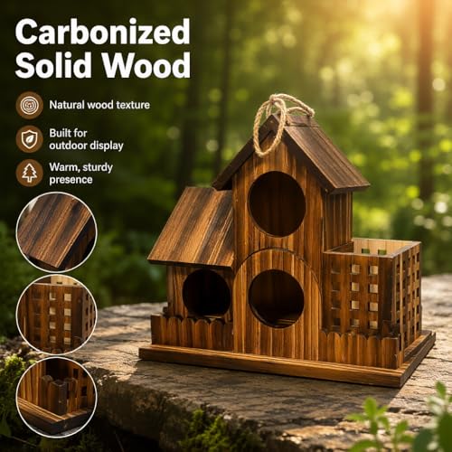 Outdoor Wooden 3 House Bird House, Carbon Wood for Hummingbirds Blue Birds and Other Small Birds, with Cleaning Gate, Food Storage, Garden Forest Natural Bird Watching Decoration