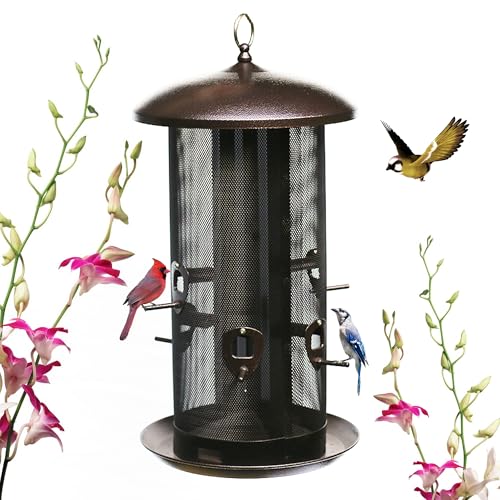 Nature's Rhythm Metal Hopper Bird Feeder Two Chambers，Heavy Duty Mesh Metal Dual Seed Compartments Outdoor Hanging Wild Bird Feeder with 10 Feeding Ports,10lbs Seed Capacity