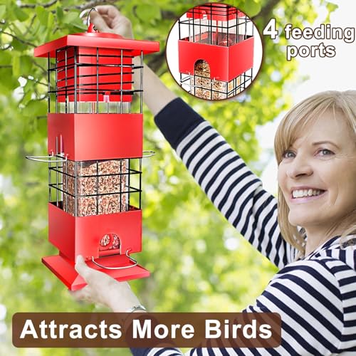 Squirrel Proof Bird Feeder, 3.5Lbs Metal Wild Bird Feeders Anti Squirrel with 4 Feeding Ports for Garden Bird Feeding Station Outdoors Hanging, Pigeon Resistant, Easy to Clean & Refill (Red) - color: Red