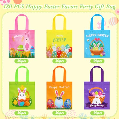 Sweetude 180 Pcs Easter Tote Bags Bulk Easter Gift Treat Bags with Handles Reusable Non Woven Bunny Rabbit Egg Goodie Party Favor Packages for Party Supplies