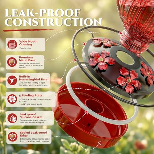 2 Pack Glass Hummingbird Feeder for Outdoors Hanging, Bird Nectar Feeder with Perch & 5 Flower Feeding Ports, 26 Oz Leak Proof for Outside Garden Decor Backyard, Gifts for Women Mom, Red + Purple Red - color: Red + Purple Red