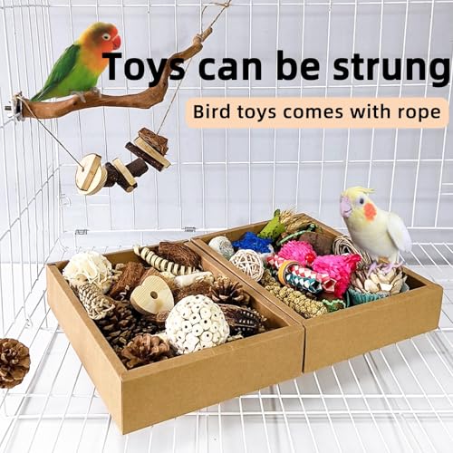 Bird Foraging Toys Parrot Chew Shredding Toys Bird Foraging Box for Parakeets Cockatiels Conures Lovebirds and Small to Medium Birds(Natural+Colorful) - color: Natural & Colorful