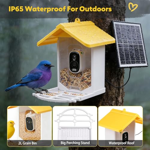 Smart Bird Feeder with Camera Solar Powered, 2K HD Live Video Bird Watching for Outside Garden, AI Identify 11000+ Species by Subscription, Instant Arrival Alerts, Gift for BirdLovers