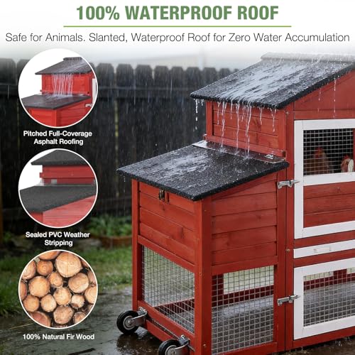 Mobile Chicken Coop with Wheels for 4-6 Chickens, Large Outdoor Hen House with Run, Weatherproof Asphalt Roof, Sectionable Nesting Box & Pull-Out Tray, 82.4" L x 25.8" W x 44.1" H - Red - size: 82.4"L x 25.8"W x 44.1"H