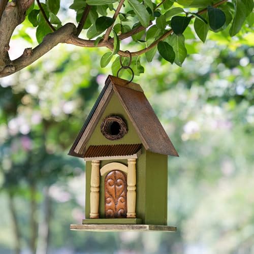 Glitzhome Bird Houses for Outside,11.25" H Vintage Wooden Bird House Garden Distressed Decorative Birdhouse for Outdoors, Hanging Birdhouse for Bluebird Hummingbird Wren Finch Cardinals Cedar (Green) - color: 11.25"H Green