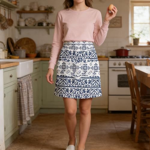 CUTHOLLOW Egg Collecting Apron for Adlut, Housewife, 18 Deep Pockets Hen Egg Gathering Holding Apron with Elastic Closures - style: Vintage Blue and White Classic Pattern