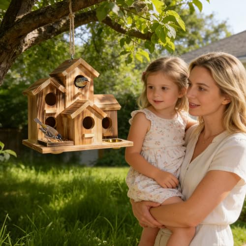 Bird House 5 Hole Bird Houses for Outside with Thickened Wooden Board，Birdhouse for Blue Bird Humming Bird and Chickadee Swallow. Hanging Edible Wild Bird Nest Garden Decorative