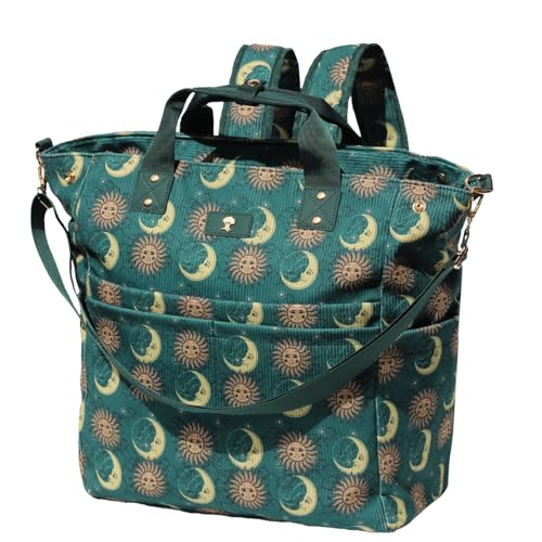 Diaper Tote Bag Totepack Backpack Crossbody Bag 3 in 1 for Women Laptop Backpack Multifunctional with Insulated Pockets - color: Corduroy Dark Green Moon