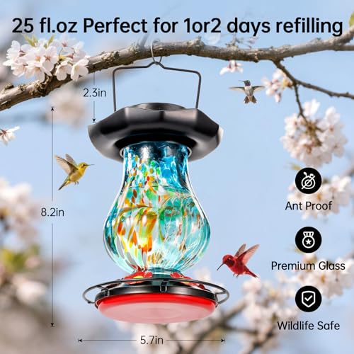 DesGully Solar Hummingbird Feeder for Outdoor - 25 fl.oz Hand Blown Glass Hummingbird Feeders for Outdoors Hanging, Large Capacity with Moat, 6 Colors Changing Light Outside Garden Decor (Blue) - color: Blue