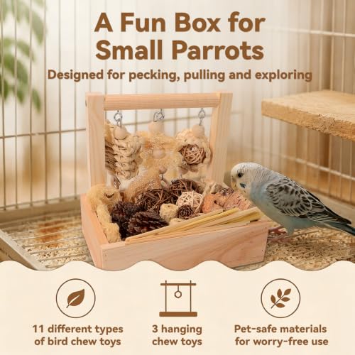 Wooden Bird Parrot Foraging Toys Box with Perch Stand, Cage Accessories