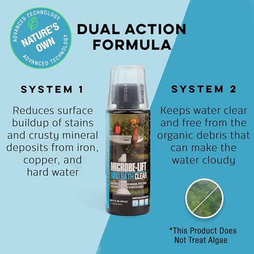 Microbe-Lift Bird Bath Clear Two-in-One Water Cleaner – 4 Oz – Safe for Birds, Fish & Frogs – Cleans Outdoor Birdbaths & Fountains – Natural Formula, Prevents Stains & Cloudiness - size: Birdbath Clear 4-Ounce